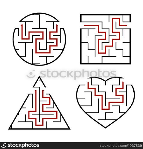 A set of mazes. Circle, square, triangle, heart. Game for kids. Puzzle for children. One entrances, one exit. Labyrinth conundrum. Flat vector illustration isolated on white background. With answer. A set of mazes. Circle, square, triangle, heart. Game for kids. Puzzle for children. One entrances, one exit. Labyrinth conundrum. Flat vector illustration isolated on white background. With answer.