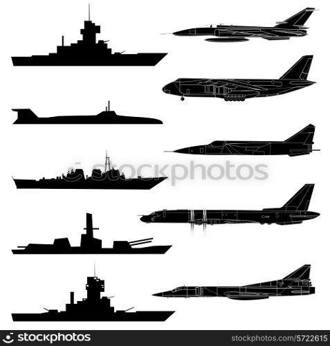 A set of military aircraft, ships and submarines.
