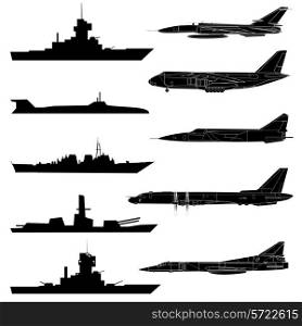 A set of military aircraft, ships and submarines.
