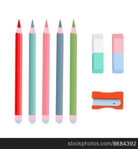A set of multi-colored pencils, erasers and sharpeners. Vector illustration isolated on white background.. A set of multi-colored pencils, erasers and sharpeners. Vector illustration isolated on white background