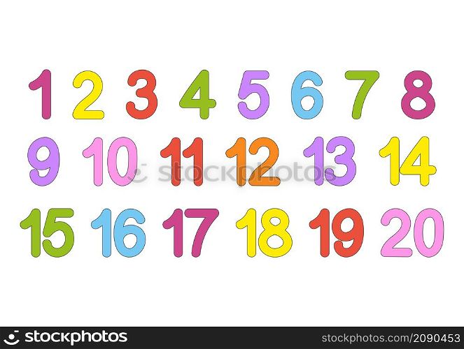 A set of numbers from one to twenty. Bright colorful collection. For teaching children. Simple flat vector illustration isolated on white background.