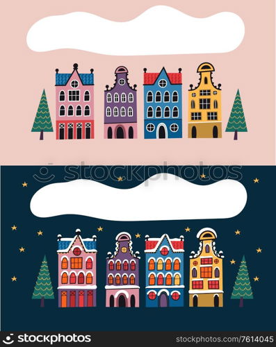 A set of old European colored houses. Classical architecture of the Netherlands, Amsterdam. Vector illustration. Day and night view.. Set of houses of classical architecture of the Netherlands, Amsterdam. Vector illustration, night and day view of the city.