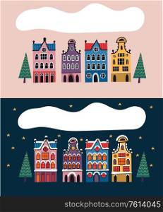 A set of old European colored houses. Classical architecture of the Netherlands, Amsterdam. Vector illustration. Day and night view.. Set of houses of classical architecture of the Netherlands, Amsterdam. Vector illustration, night and day view of the city.