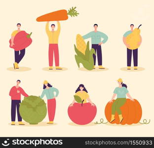 A set of people with large vegetables and fruits.Harvesting concept,vegetarianism,healthy food,farm products,vitamins.Fair with village products.Flat cartoon illustration isolated on light background