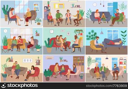 A set of pictures about psychotherapy sessions. People sit at the reception of a specialist. Diferent psychologists write down their patients problems on paper vector illustration flat design. A set of pictures about psychotherapy sessions. People are sitting at the reception of a specialist