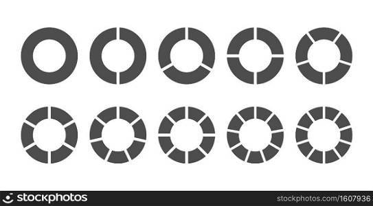 A set of pie charts for the user interface. A circular graph with steps, sections, or stages from 2 to 10. Round infographic template for web and graphic design. Flat style.