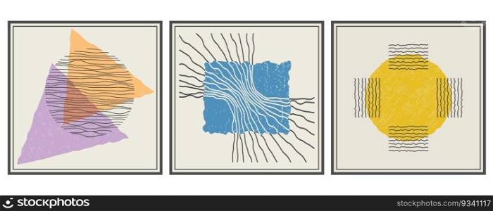 A set of posters or paintings in a minimalist style. The composition of distorted geometric shapes. Layout of interior design, prints and creative ideas
