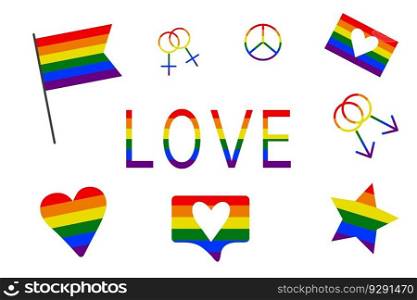 A set of Pride LGBTQ+ icons, a set of LGBTQ+ related symbols in rainbow colors: Pride flag, heart, peace, star, rainbow, love, support, symbols of freedom. Gay Pride Month. Flat sign design, isolated on white background