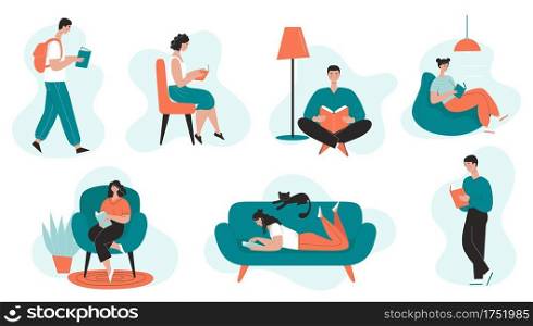 A set of reading people in different settings. Love for reading and books. Men and woman with books. Home schooling, library. Vector illustration in flat style