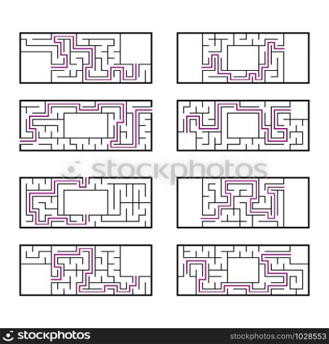 A set of rectangular mazes for children. A puzzle game. Simple flat vector illustration isolated on white background. With the correct answer. A set of rectangular mazes for children. A puzzle game. Simple flat vector illustration isolated on white background. With the correct answer.