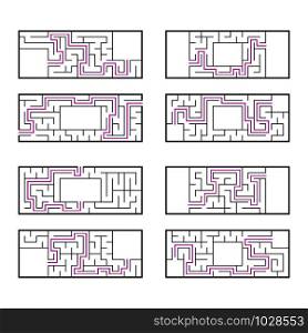 A set of rectangular mazes for children. A puzzle game. Simple flat vector illustration isolated on white background. With the correct answer. A set of rectangular mazes for children. A puzzle game. Simple flat vector illustration isolated on white background. With the correct answer.