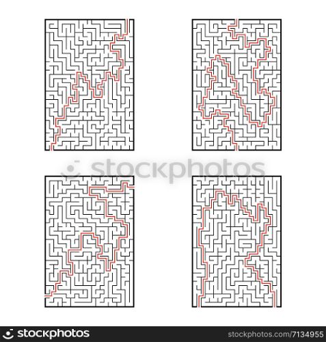 A set of rectangular mazes. Game for kids. Puzzle for children. Labyrinth conundrum. Flat vector illustration isolated on white background. With answer.