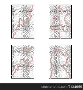 A set of rectangular mazes. Game for kids. Puzzle for children. Labyrinth conundrum. Flat vector illustration isolated on white background. With answer.