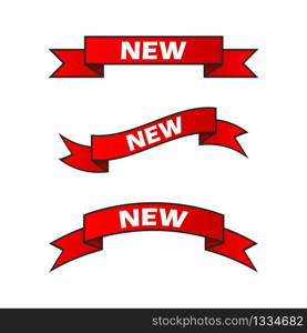 A set of red ribbons with the words New on a transparent background. New product. Vector illustration. EPS10