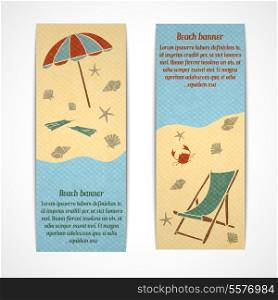 A set of retro vertical summer vacation travel banners with a coastline parasol sun lounger fins crab and seashell vector illustration