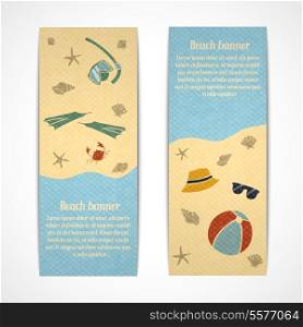 A set of retro vertical summer vacation travel banners with fins snorkel sunglasses and hat on the beach vector illustration