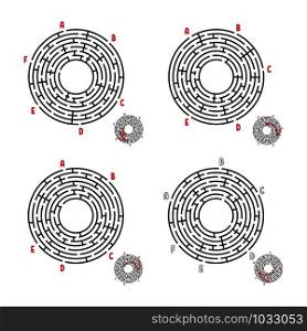 A set of round mazes. Game for kids. Puzzle for children. Labyrinth conundrum. Flat vector illustration isolated on white background. With answer.