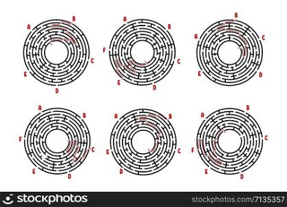 A set of round mazes. Game for kids. Puzzle for children. Labyrinth conundrum. Flat vector illustration isolated on white background. With answer.