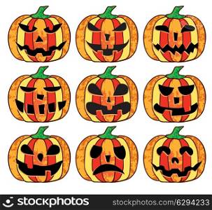 A set of scary halloween pumpkins on a white background