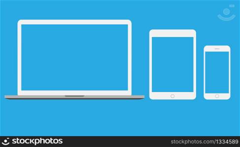 A set of screens for white mobile devices. Laptop tablet and smartphone isolated on blue background. Vector EPS 10
