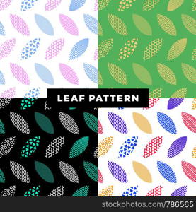 A set of seamless pattern of leaves that are filled with abstract technical patterns and objects. Concept technical background with fresh color apple leaves.