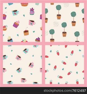 A set of seamless patterns. Beautiful cakes decorated with cream and strawberries. Cute potted plants on a light background. Small strawberries and mint leaves. Pink and light blue cups decorated with strawberries and mint.. Set of seamless patterns on a light background. Beautiful cakes, cups, potted trees, strawberries. Vector illustration.
