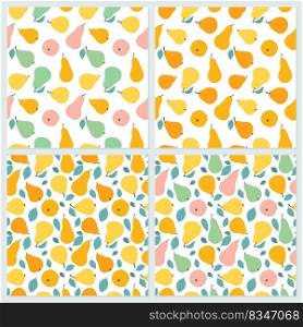 A set of seamless patterns in a variety of colorful pears and leaves. Multicolored pear in hand drawn style. Vector fabric design.. A set of seamless patterns in a variety of colorful pears and leaves.