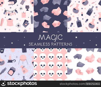 A set of seamless patterns with attributes for magic and witchcraft On a dark and light background. Hand drawn vector illustration