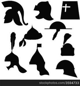 A set of silhouettes of medieval military helmets