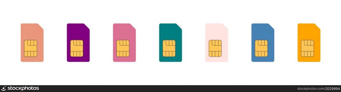A set of SIM cards. SIM card icons for mobile in different colors. Vector illustration