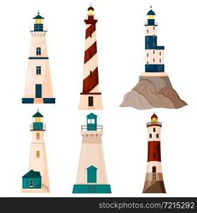 A set of six beacons isolated on a white background. Stylization. Vector illustration.