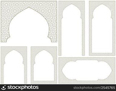 A set of six design elements. . Ornament in Arabic geometric style. Arc, two frames proportion A4, two frames 2 x1 proportion and bonus element. A set of six design elements. Ornament in Arabic geometric style