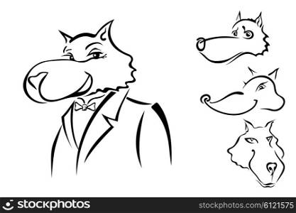 A set of sketches Cartoon wolf gentleman isolated on white background. Vector illustration.