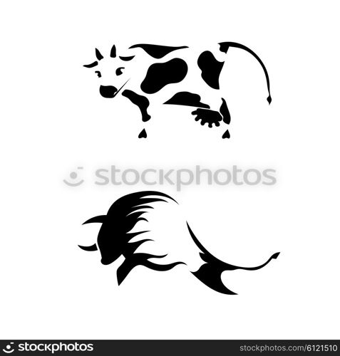 A set of sketches cow and bull isolated on white background. Vector illustration.