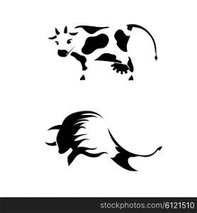 A set of sketches cow and bull isolated on white background. Vector illustration.