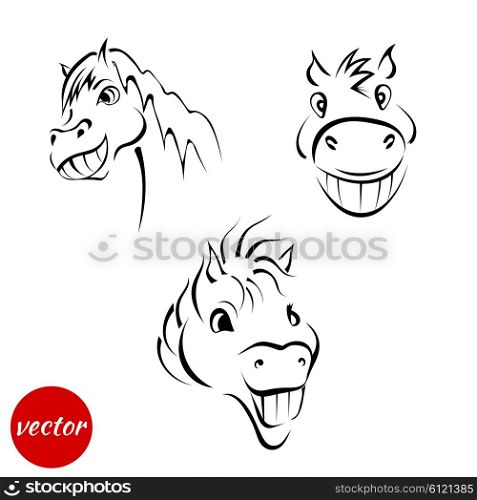A set of sketches of a smiling muzzle horses isolated on white background. Vector illustration.
