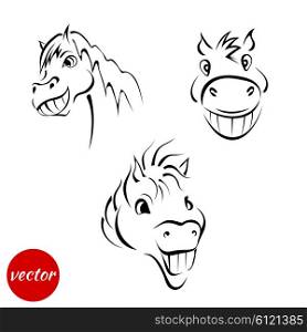 A set of sketches of a smiling muzzle horses isolated on white background. Vector illustration.