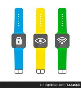 A set of smart watches in blue yellow and green with remote control functions. Vector illustration. EPS 10