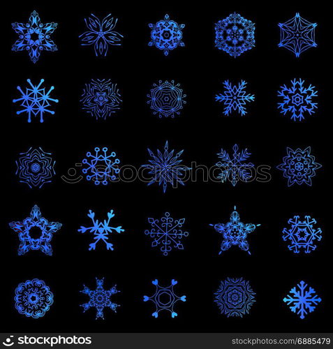 A set of snowflakes.. A set of blue snowflakes on dark background. Vector illustration