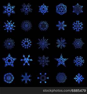 A set of snowflakes.. A set of blue snowflakes on dark background. Vector illustration