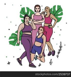 A set of sports girls with a different set of figures, thin and fat in suits for fitness and sports