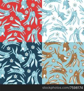 A set of spring seamless patterns with rabbits. Easter pattern. Vector stylized illustration on a red, light blue, dark blue and white background. For printing fabric, paper.. Spring seamless pattern. Vector cute illustration. For printing on fabric or paper. Patterns for clothing, Wallpaper, wrapping paper, tablecloths.