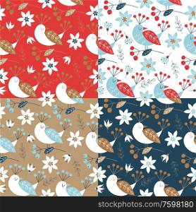 A set of spring seamless patterns with stylized birds. Vector stylized illustration on a red, gold, dark blue and white background. For printing fabric, paper.. Spring seamless pattern. Vector cute illustration. For printing on fabric or paper. Patterns for clothing, Wallpaper, wrapping paper, tablecloths.