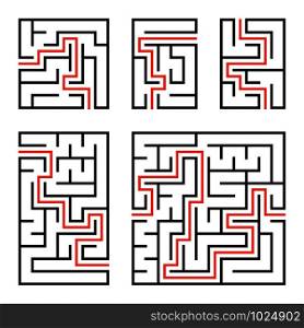 A set of square and rectangular labyrinths with entrance and exit. Simple flat vector illustration isolated on white background. With the answer. A set of square and rectangular labyrinths with entrance and exit. Simple flat vector illustration isolated on white background. With the answer.