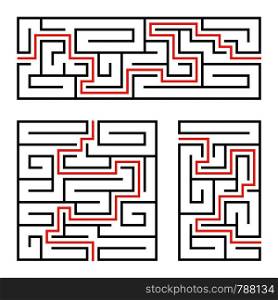 A set of square and rectangular labyrinths with entrance and exit. Simple flat vector illustration isolated on white background. With the answer. A set of square and rectangular labyrinths with entrance and exit. Simple flat vector illustration isolated on white background. With the answer.