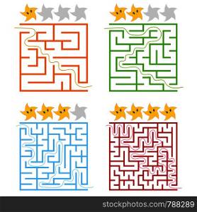 A set of square colored labyrinths with a rating of stars. Four levels of difficulty. Simple flat vector illustration isolated on white background.