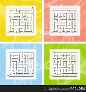 A set of square labyrinths. An interesting and useful game for children and adults. Simple flat vector illustration on a colorful abstract background. A set of square labyrinths. An interesting and useful game for children and adults. Simple flat vector illustration on a colorful abstract background.