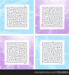 A set of square labyrinths. An interesting and useful game for children and adults. Simple flat vector illustration on a colorful abstract background. A set of square labyrinths. An interesting and useful game for children and adults. Simple flat vector illustration on a colorful abstract background.