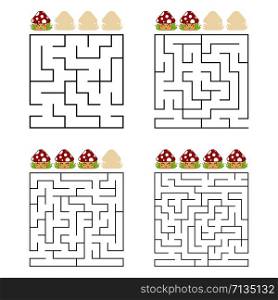 A set of square mazes. Four levels of difficulty. Cute mushrooms. Game for kids. One entrances, one exit. Labyrinth conundrum. Flat vector illustration isolated on white background. A set of square mazes. Four levels of difficulty. Cute mushrooms. Game for kids. One entrances, one exit. Labyrinth conundrum. Flat vector illustration isolated on white background.