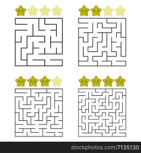 A set of square mazes. Four levels of difficulty. Cute stars. Game for kids. Puzzle for children. One entrances, one exit. Labyrinth conundrum. Flat vector illustration isolated on white background. A set of square mazes. Four levels of difficulty. Cute stars. Game for kids. Puzzle for children. One entrances, one exit. Labyrinth conundrum. Flat vector illustration isolated on white background.
